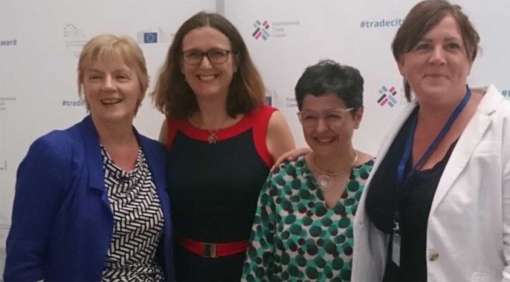 Picture of (left to right) Linda McAvan, MEP, Founder and Chair of the European Parliament's working group on Fairtrade, Cecilia Malmström, European Commissioner for Trade and Arancha González, Executive Director of the International Trade Centre, Elen Jones, Office of Future Generations Commissioner and Fair Trade Wales.