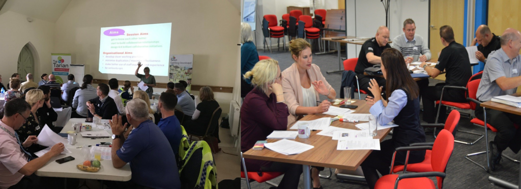 A photo of a presentation to a room of people and a photo of a group of people talking around a table